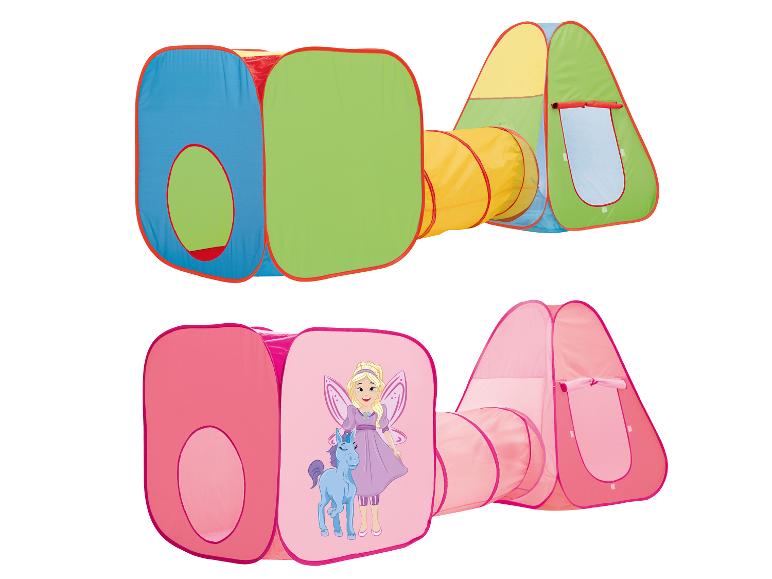 Zwei Spielzelte mit Tunneln: eines bunt, eines rosa mit Fee und Einhorn.