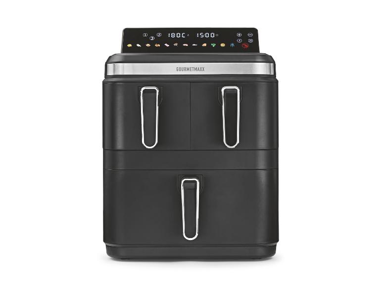 Schwarze digitale Heißluftfritteuse mit zwei Körben und voreingestellten Programmen.