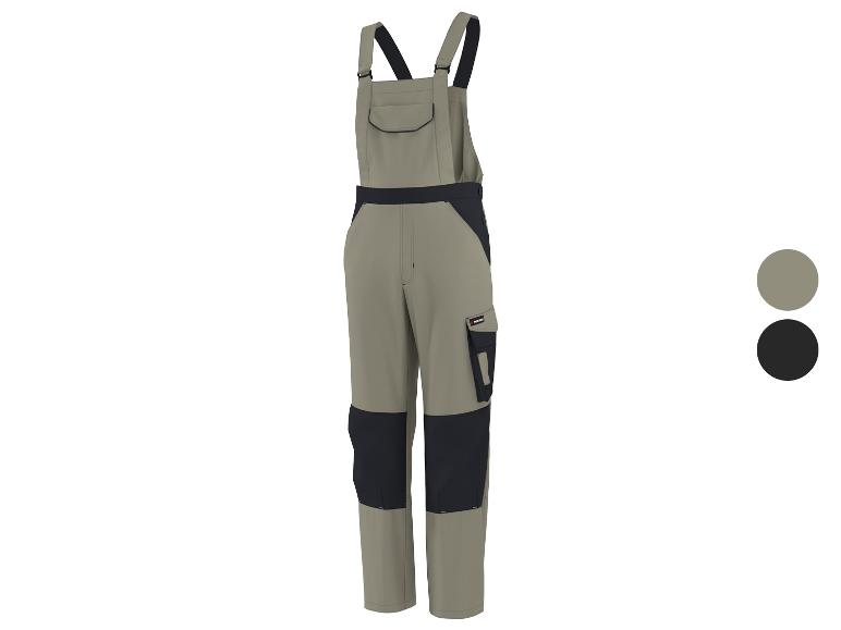 Khaki-schwarze Arbeitslatzhose mit Trägern und Taschen.