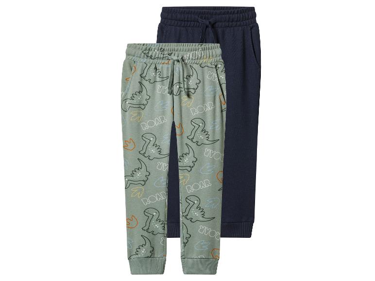 Zwei Kinder-Jogginghosen, eine grüne mit Dinosaurier-Muster und eine marineblaue.