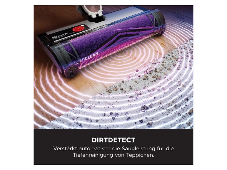 Shark Detect Pro Staubsaugerkopf mit DirtDetect-Technologie auf Teppich und Holzboden.