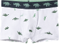 Weiße Jungen-Boxershorts mit grünem Dinosaurier-Muster und elastischem Bund.