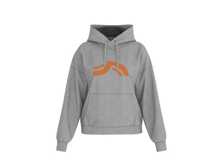 Grauer Kapuzenpullover mit orangefarbenem Logo auf der Vorderseite.