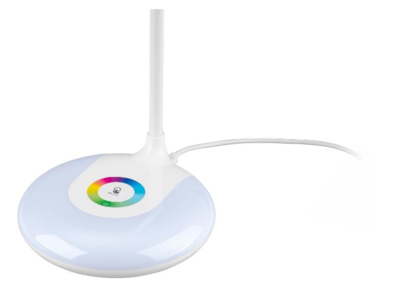 Weiße Schreibtischlampe mit beleuchtetem Rundfuß und Farbrad.