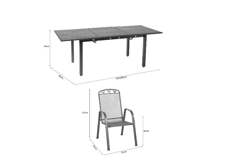 Ausziehbarer Gartentisch aus Metall (140/200x90x74cm) und Netzstuhl (55x73x97cm).