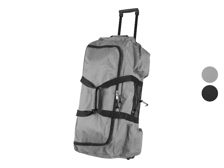 Graue Reisetasche mit Rollen, schwarzen Griffen und Details