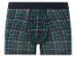Blaue Boxershorts mit grün-weißem Karomuster.