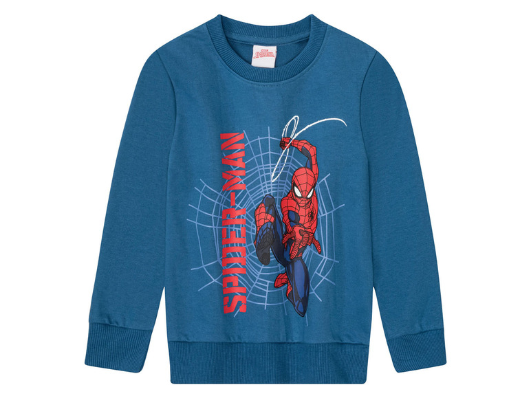 Blauer Kinderpullover mit Spiderman-Motiv.