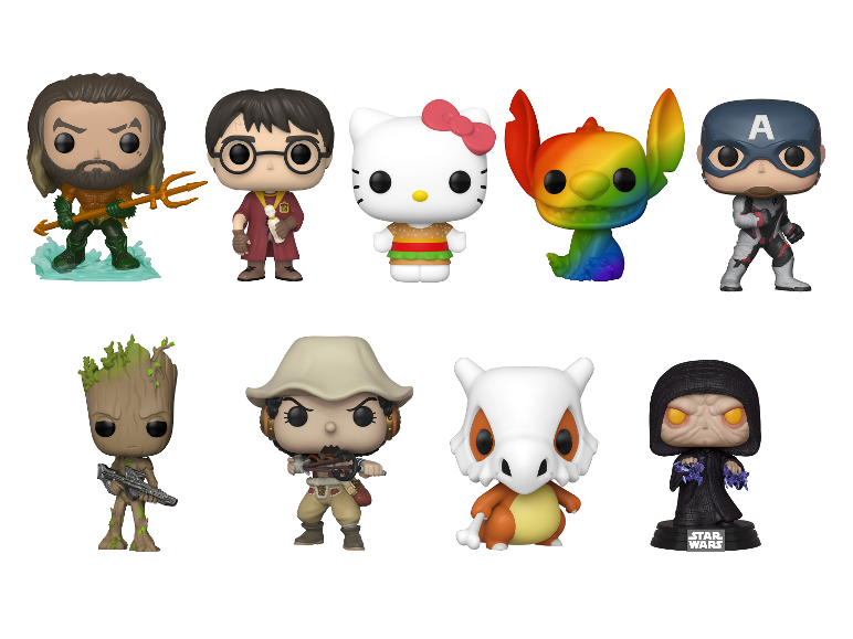Figurensammlung mit Aquaman, Harry Potter, Hello Kitty, Stitch, Captain America, Groot, Usopp, Cubone und Imperator Palpatine.