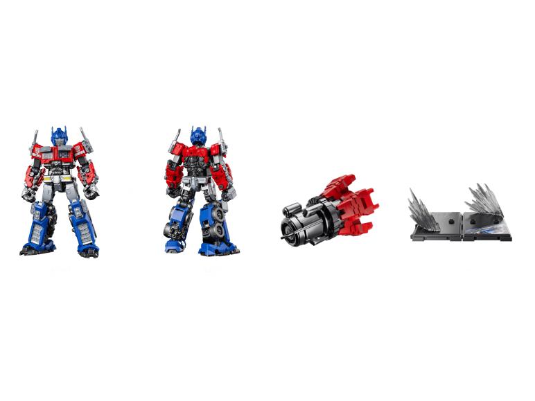 Zwei Roboter-Actionfiguren, ein Waffenzubehör und zwei Ausstellungsständer mit Effektteilen.