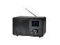 Schwarzes digitales Radio aus Holz mit Display, Tasten und Teleskopantenne.