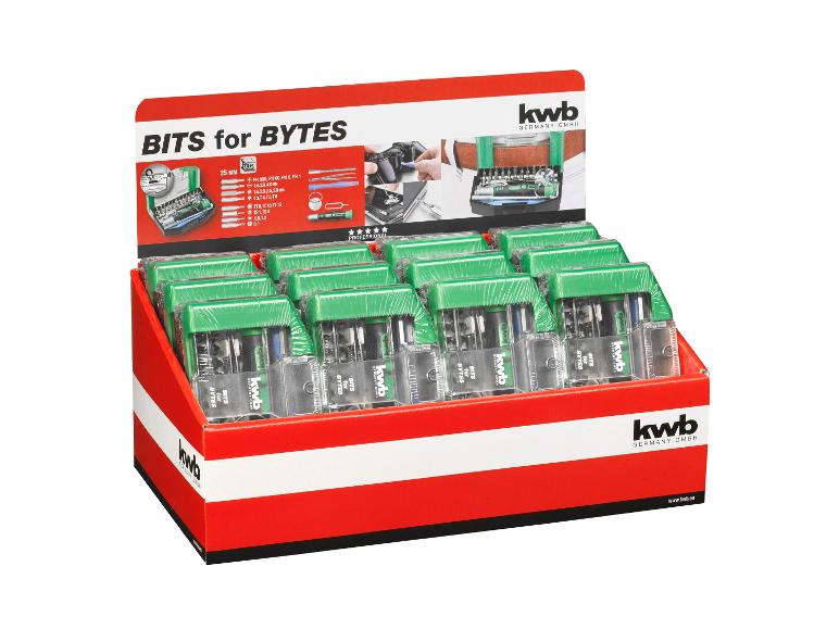 Displaybox mit mehreren kleinen Schraubendreher-Sets mit verschiedenen Bits.