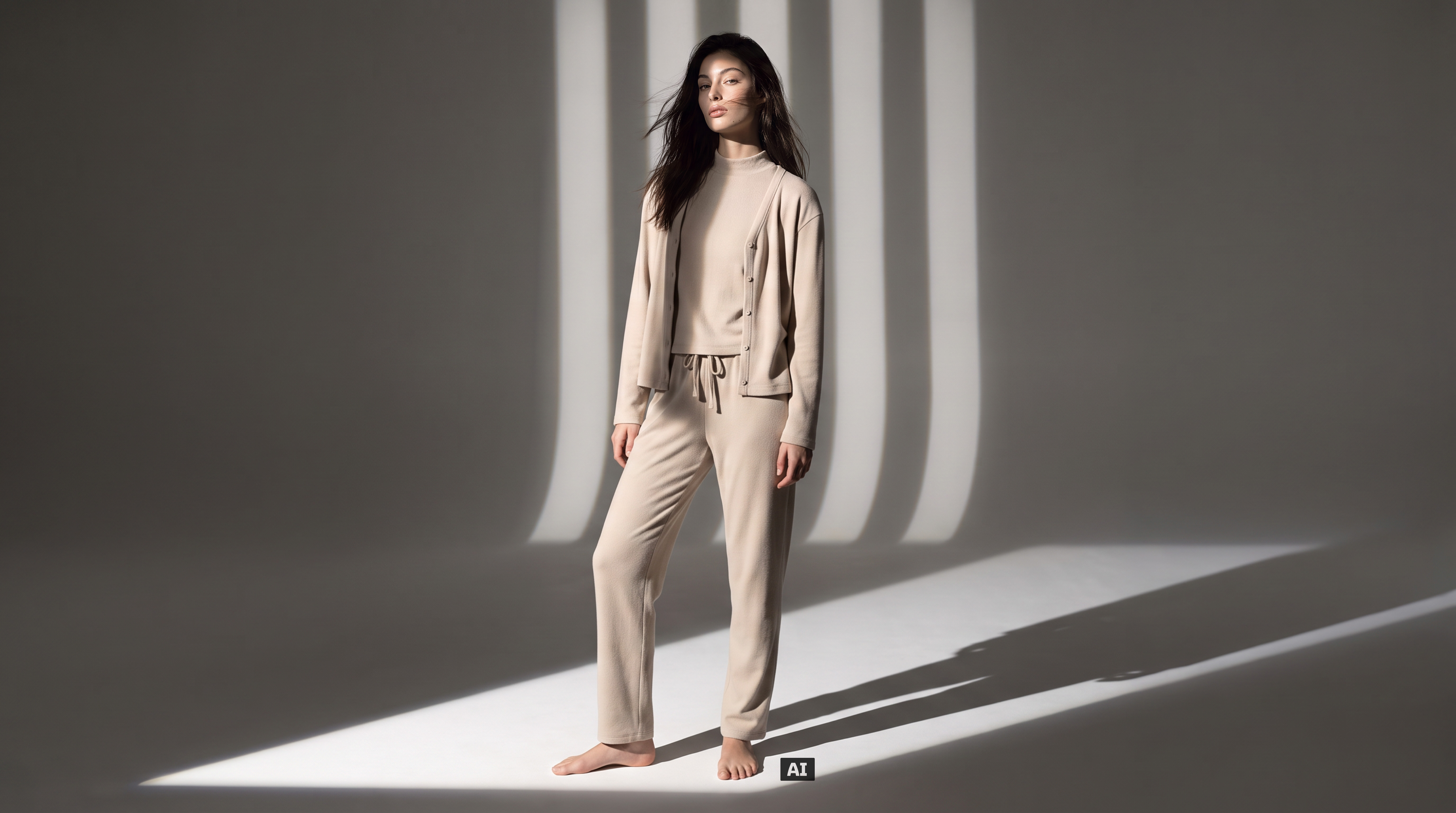Dieses Bild ist KI-generiert: Ein weibliches Model trägt das 3-teilige Set in der Farbe Beige.