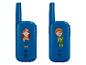 Zwei blaue Walkie-Talkies mit Kinderillustrationen, eines mit einem Mädchen und eines mit einem Jungen.
