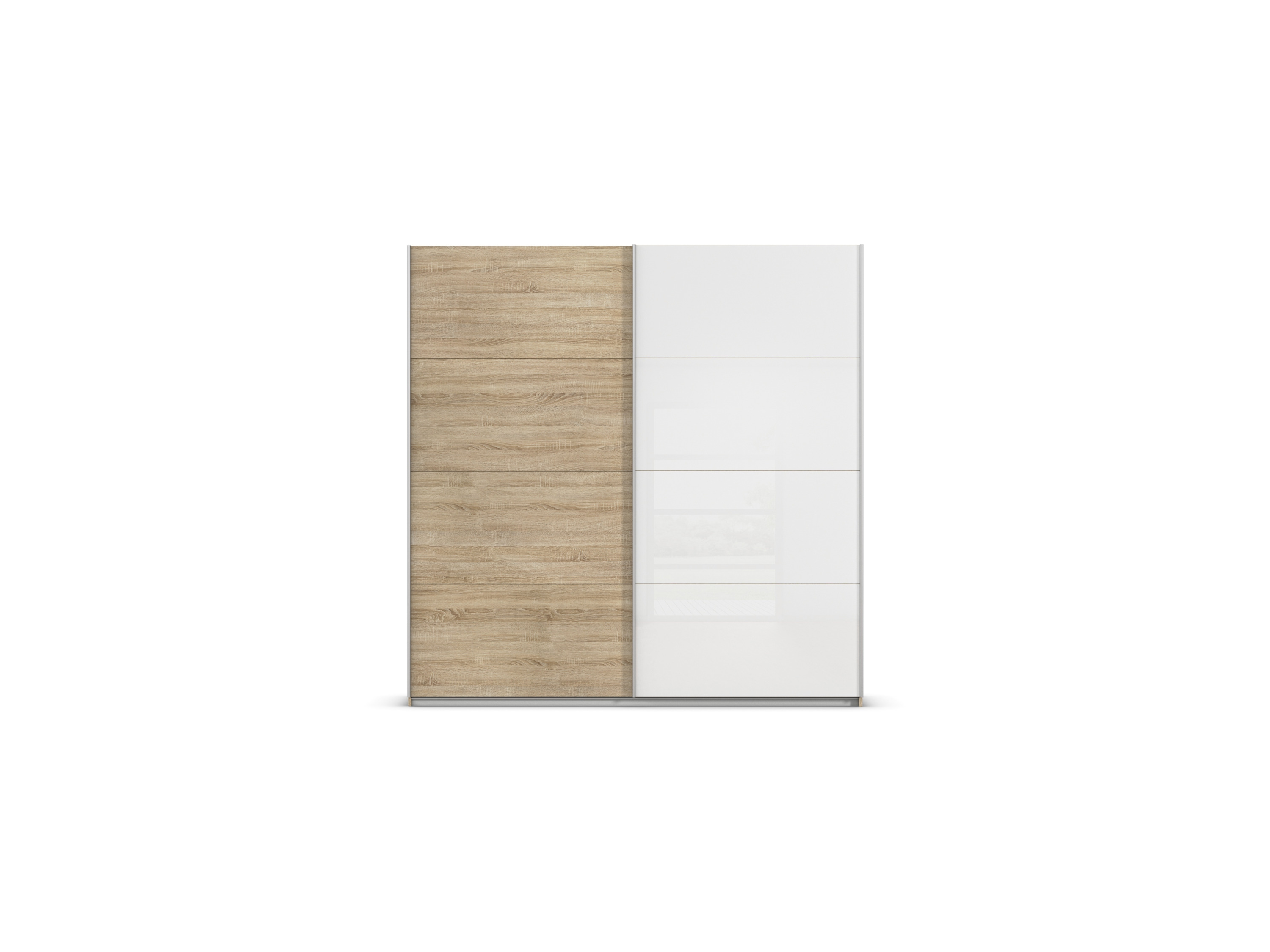 rauch ORANGE Quadra Schwebetürenschrank mit Glaselementen (Premium-Ausstattung, Korpus:Eiche, Glas:Weiß, Breite: 226cm/Höhe: 230cm) | 04053714150697