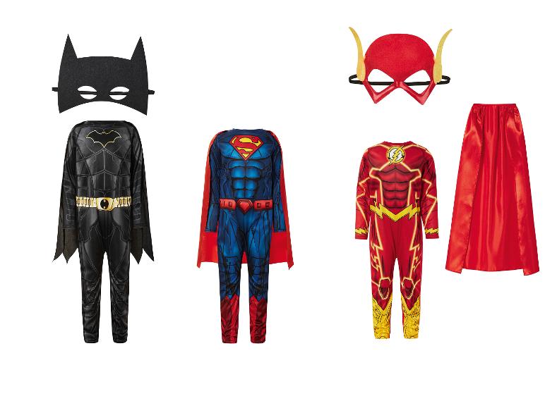 Batman, Superman und Flash Superhelden-Kostüme mit Masken und Umhang.