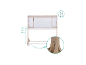 Verstellbares Baby-Beistellbett mit Netzseiten, zeigt Höheneinstellungen von 44cm, 46cm und 48cm.