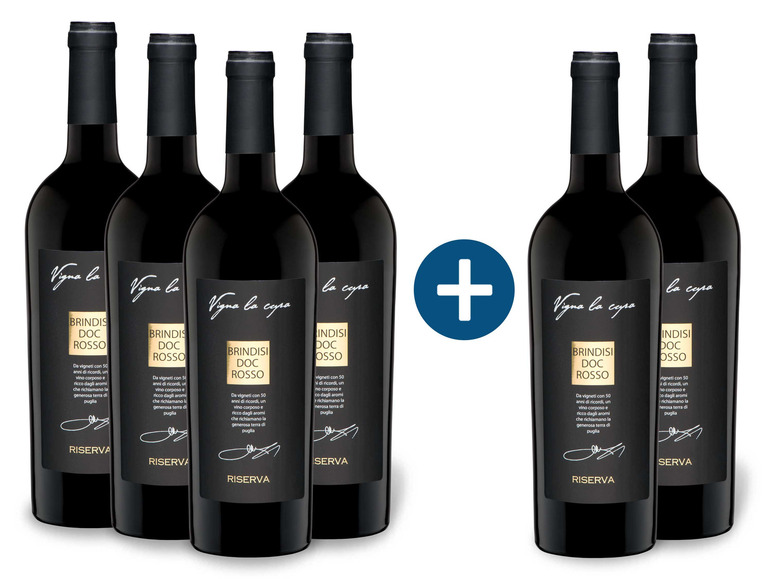 Sechs Flaschen Rotwein von Vigna la capa, Brindisi DOC Rosso und Indisi DOC Osso Reserva.