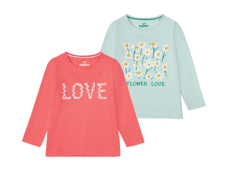 Zwei Lupilu Langarmshirts für Mädchen, eines mit Blumenprint und dem Text 'Flower Love', das andere mit dem Text 'LOVE' in Blumen