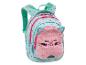 Türkiser Kinderrucksack mit rosa Katzenkopfmuster und einem rosa Plüschkatzengesicht.