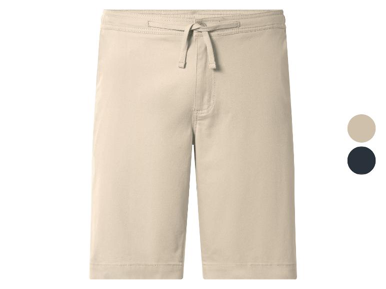 Beige Shorts mit Kordelzug, gezeigt mit Farbmustern in Beige und Marineblau.