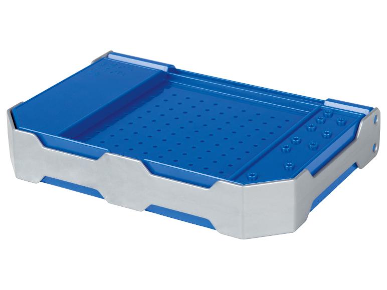 Blauer Organizer mit Löchern und Metalldetails für kleine Werkzeuge.