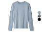 Hellblaues Langarm-T-Shirt mit Rundhalsausschnitt und Farbmustern.