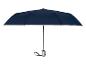 Offener marineblauer Regenschirm mit silbernem Rand und schwarzem Griff