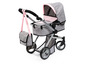 Ein grauer Kinderwagen mit einem rosa Verdeck und einer passenden Tasche.
