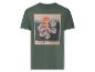 Grünes T-Shirt mit farbigem abstraktem Blumendruck und Text