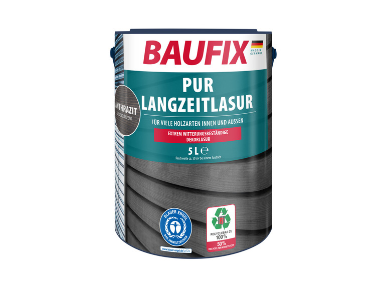 Baufix PUR Langzeitlasur, Holzlasur für innen und außen, 5 Liter, Farbe Anthrazit.