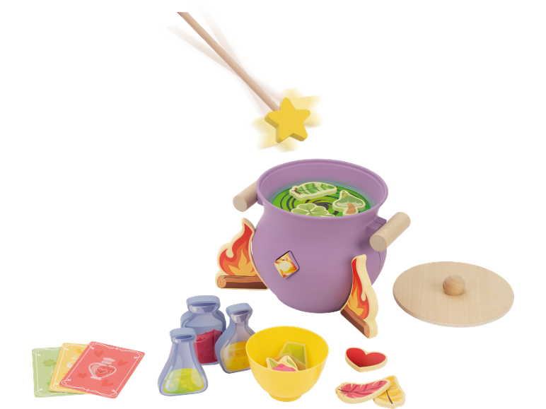 Kinderspielzeug-Zauberkessel mit Zauberstab, Zaubertrankflaschen und Zutaten.