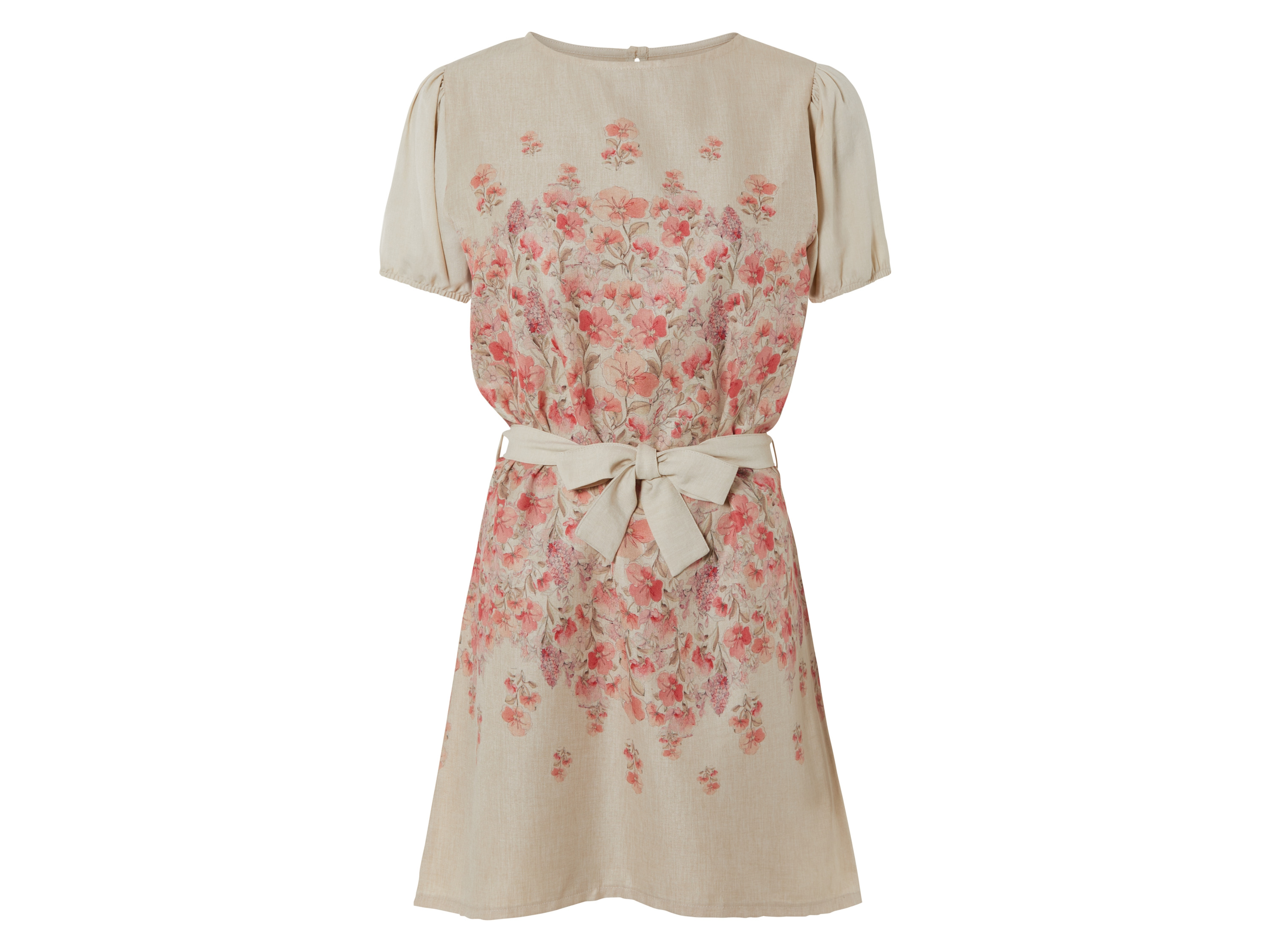 esmara® Damen Kleid Mini (Beige, 44)““ | beige Muster: floral Detail: in Leinenoptik, Bindeband in der Taille