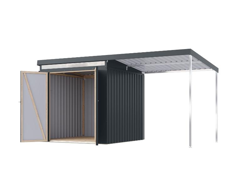 Dunkelgraues Metallgartenhaus mit offener Tür und seitlichem Vordach.