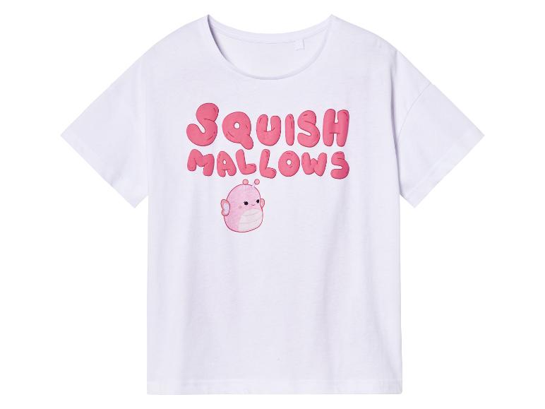 Weißes T-Shirt mit "Squishmallows" Aufdruck und niedlichem Motiv.
