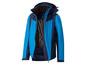 Blaue und dunkelblaue Jacke mit Kapuze.
