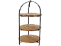 Dreistöckiges Serviergestell mit Holztabletts und schwarzem Metallrahmen.
