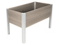 Ein Pflanzenbeet aus Holz mit Metallbeinen.
