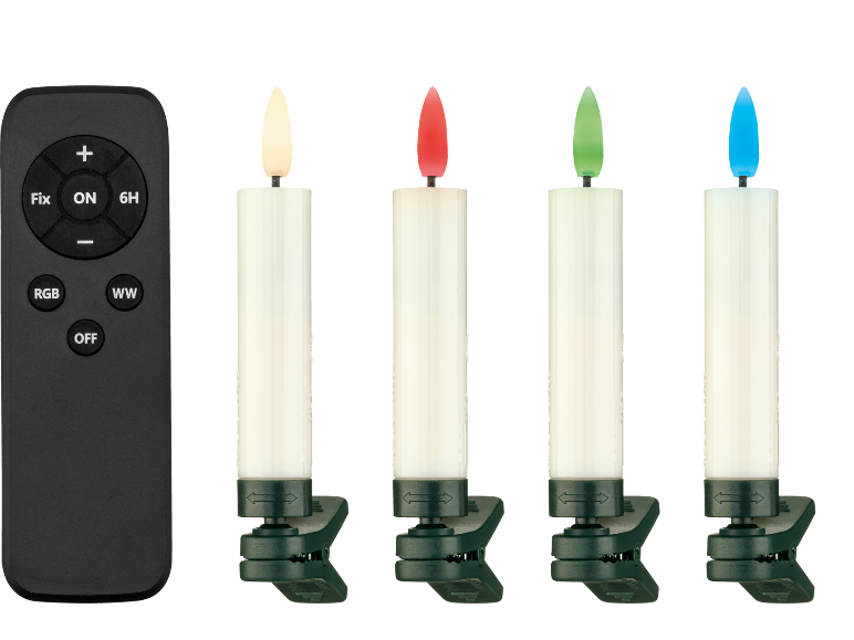 LED-Kerzen mit Fernbedienung, Flammen in verschiedenen Farben: warmweiß, rot, grün, blau.