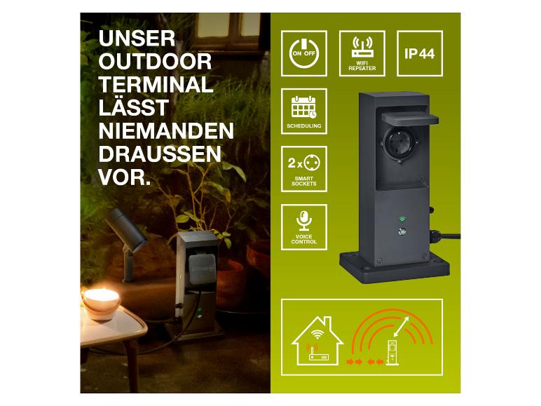 Außensteckdose mit Smart-Funktionen, inklusive WLAN-Repeater und Sprachsteuerung.