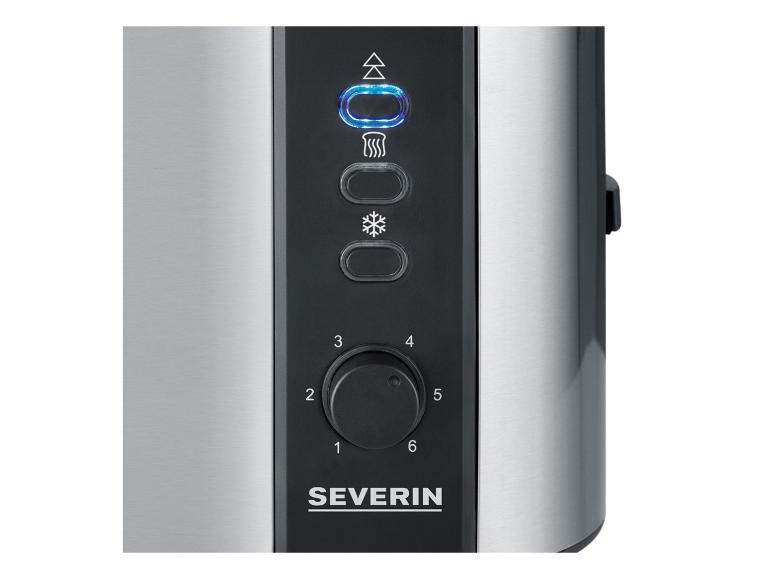 Severin Toaster-Bedienfeld mit silberner Oberfläche, Drehknopf und beleuchteten Tasten.