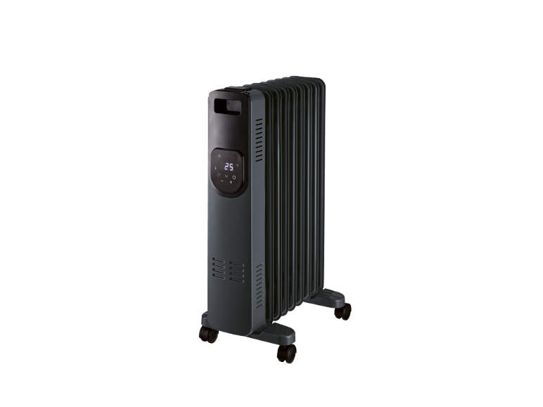 Dunkelgrauer Ölradiator mit digitaler Anzeige von 25°C, auf Rollen.