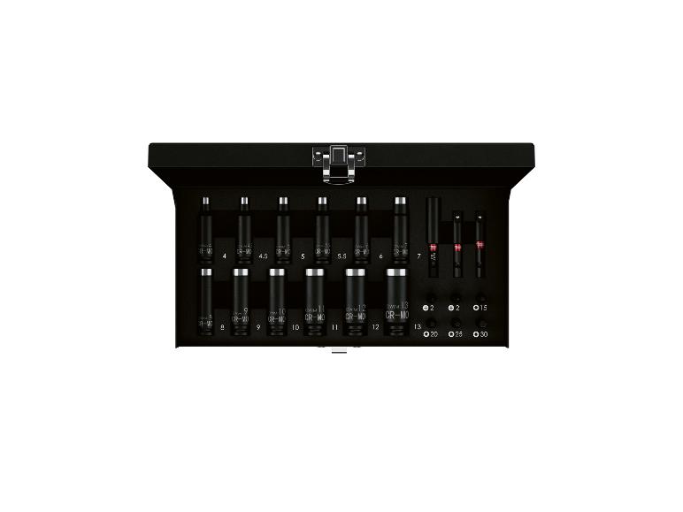 Ein schwarzer Werkzeugkasten mit einem Satz schwarzer und silberner CR-MO Steckschlüsseln und Schraubendreher-Bits.