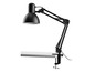 Schwarze Tischlampe mit Klemme, geeignet für einen Schreibtisch.