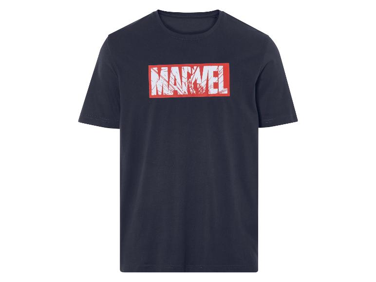 Ein dunkelblaues T-Shirt mit rotem Marvel-Logo.