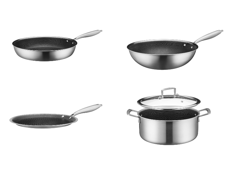 Set aus Edelstahl-Kochgeschirr, bestehend aus Bratpfannen, Wok und Kochtopf mit Deckel.