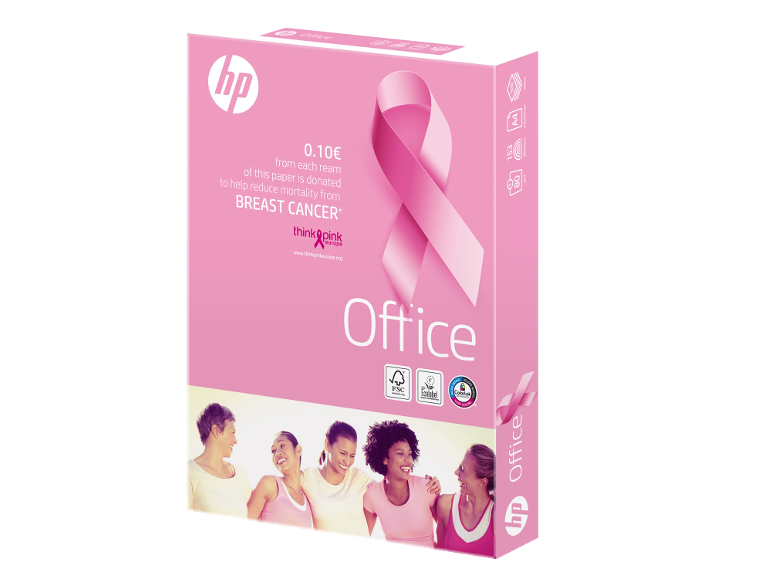 Rosa Büropapierpackung mit Brustkrebs-Bewusstseinsband und lächelnden Frauen.