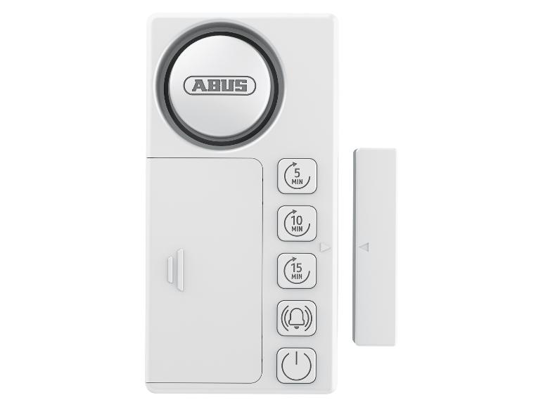 Weißer Tür-/Fensteröffnungssensor mit Zeit- und Alarmtasten.