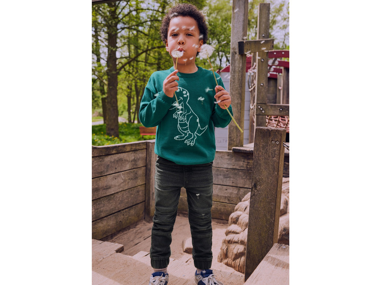 Ein Junge in einem grünen Pullover mit einem Dinosaurier, Jeans und Sneakers, bläst auf Löwenzahn.