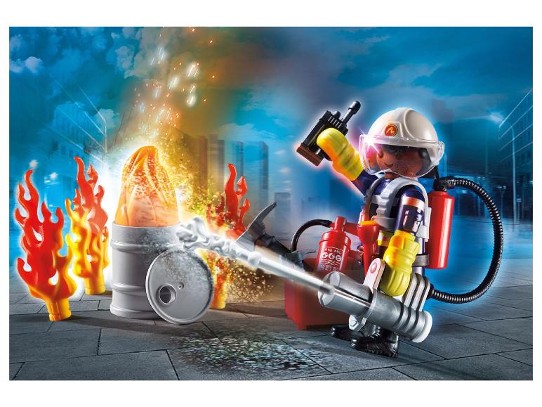 Playmobil: Feuerwehrmann, Feuerlöscher, Flammen und Löschgerät.